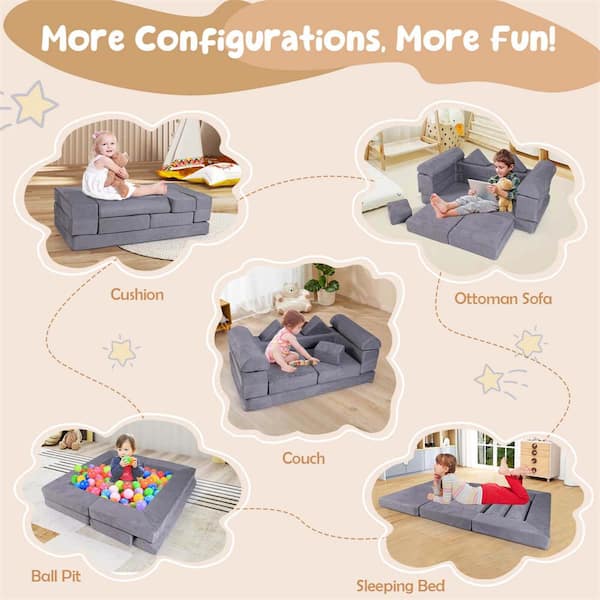 Gray Kids Modular Play Couch Play Set with Suede Fabric Cover High-Density Foam