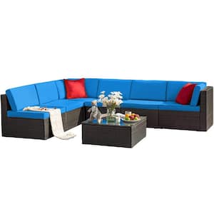 7-Pieces PE Rattan Wicker Patio Furniture Sectional Set Outdoor Lawn Conversation Sets with Blue Cushion
