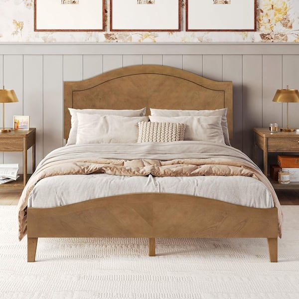 cozyman Adrian Mid-Century Brown Wood Solid Wood Frame Queen Size Slat Support Platform Bed Frame with Adjustable Headboard