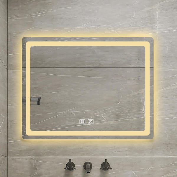 35.43 in. W x 27.56 in. H Rectangular Glass Frameless Anti-Fog Wall Mounted Bathroom Vanity Mirror in Transparent