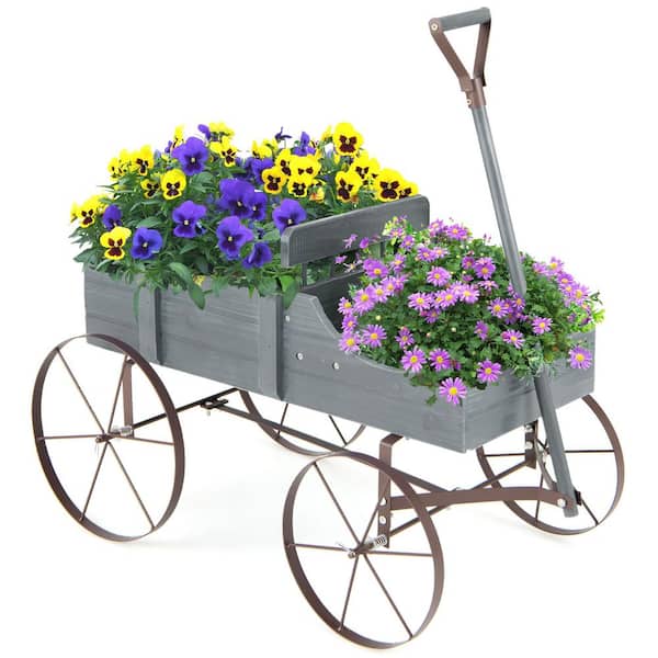 Small Gray Wooden Wagon Planter Box, Garden Decor