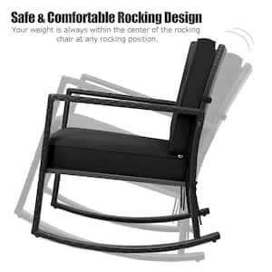 2-Pieces Patio Rattan Rocker Chair Outdoor Glider Rocking Chair Cushion Lawn Black