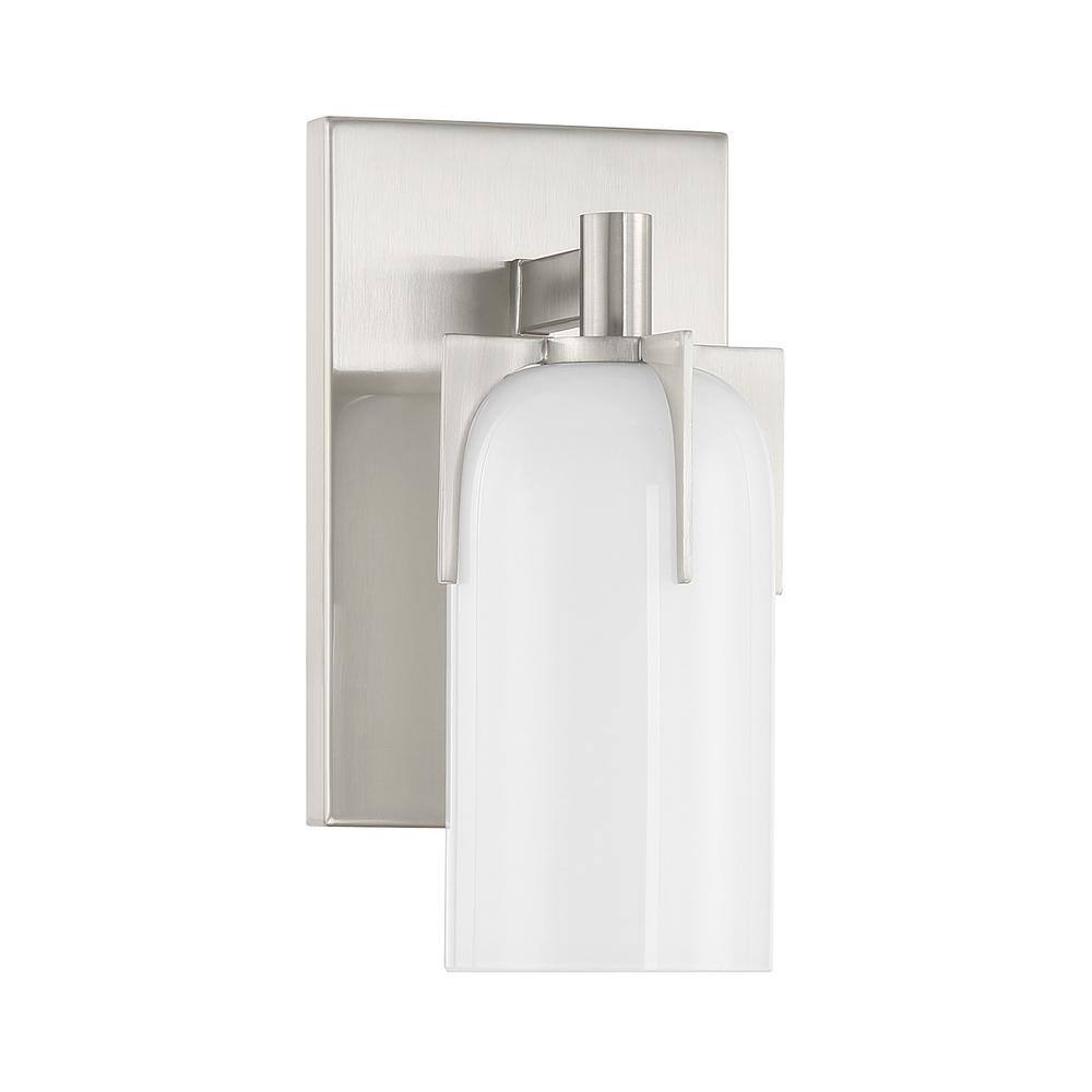 Satin Nickel Outdoor Dimmable Wall Sconce with Etched White Opal Glass Shade