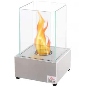 7.75 in. Freestanding Tabletop Ventless Bio Ethanol Fireplace with Glass Screen for Indoor/Outdoor Use, Silver