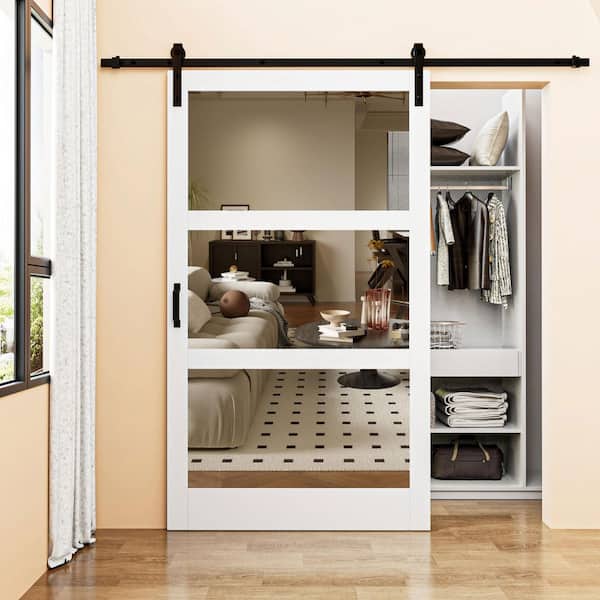 48 in. x 84 in. 3-Lite Mirrored Glass White Finished Solid Core MDF Barn Door Slab with Barn Door Hardware Kit