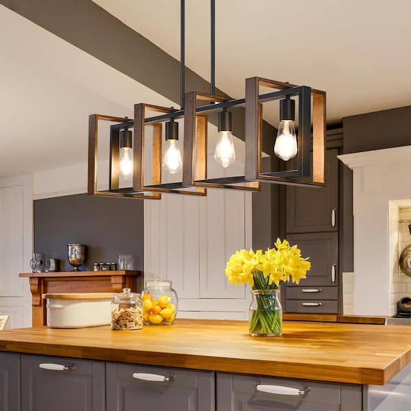 60 -Watt 4 Light Dining Room Shaded Pendant Light with Rustic Wood and Black Mental Finish Shade, No Bulbs Included