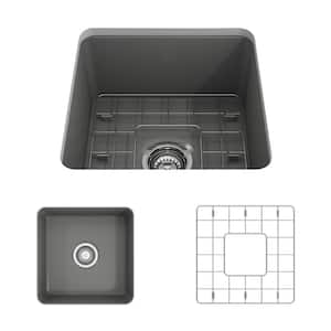 Sotto Undermount Fireclay 18 in. Single Bowl Kitchen Sink with Bottom Grid and Strainer in Matte Gray