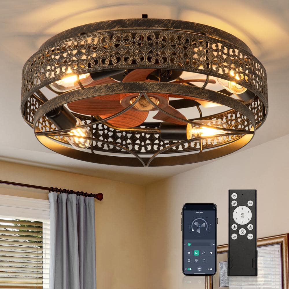 20 in. Indoor Caged Ceiling Fan with Light Low Profile Flush Mount Ceiling 