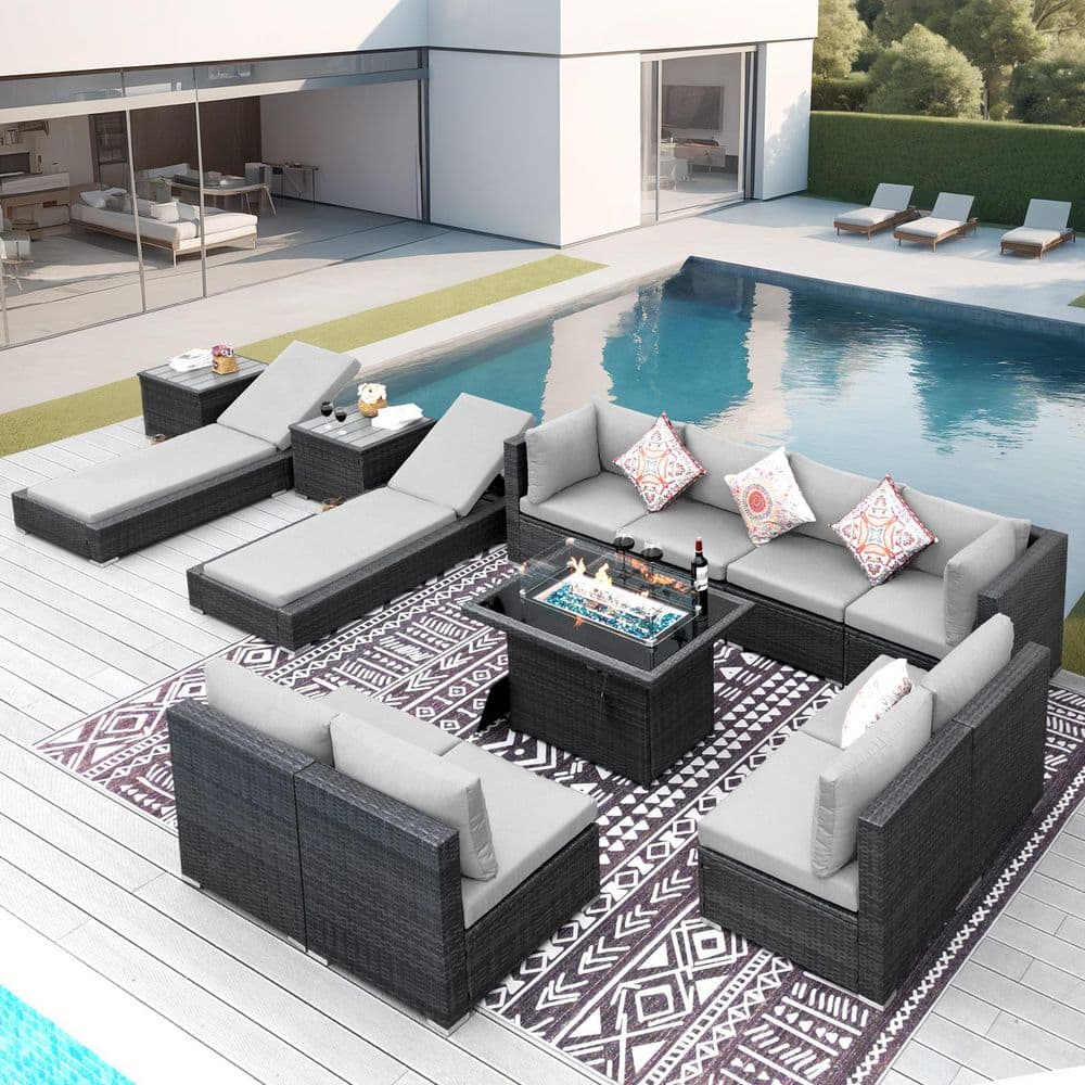 13-Piece Wicker Outdoor Furniture Patio Fire Pit Set Sectional Deep Seat Conversation Set with Lounge, Table, Light Gray price history on PriceWatchPro