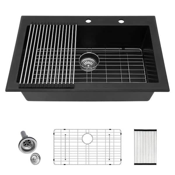 33 in. Drop-In Single Bowl Black Granite/Quartz Composite Kitchen Sink with Bottom Grids and Strainer