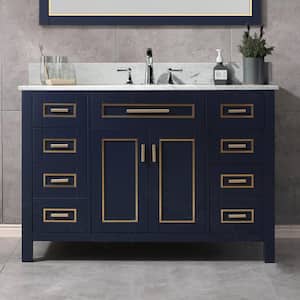 Millan 49 in.W x 22 in.D x 38 in.H Bath Vanity in Navy Blue with Marble Vanity Top in White with White Sink