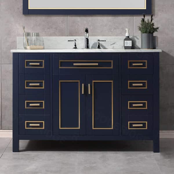 WOODBRIDGE Millan 49 in.W x 22 in.D x 38 in.H Bath Vanity in Navy Blue with Marble Vanity Top in White with White Sink