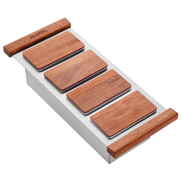 LedgeFit Stainless Steel Ice Chilled Condiment Tray with Solid Hardwood Covers for Workstation Sinks