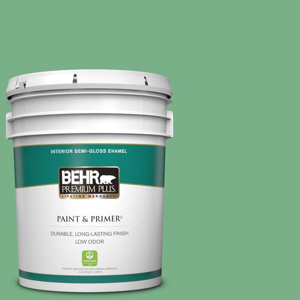 BEHR PREMIUM PLUS 5 gal. #M410-5 Green Bank Semi-Gloss Enamel Low Odor Interior Paint & Primer