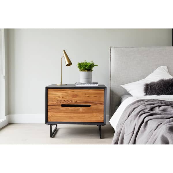 NADAAL STUDIOS Lennox Light Brown 2-Drawer 28 in. W Nightstand with Reclaimed Teak Doors and Steel Legs