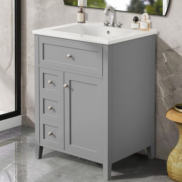 24 in. W Single Sink Freestanding Gray Bath Vanity with White Ceramic Top and Drawers, Unassembled