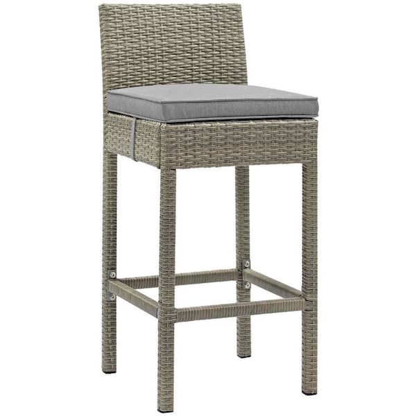 MODWAY Modway Conduit Wicker Rattan Outdoor Patio Bar Stool with Cushion in Light Gray Gray
