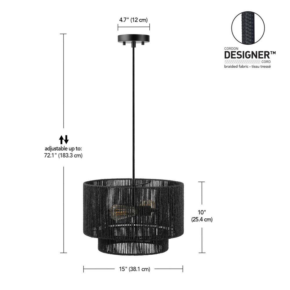 Matte Black Metal Drum Pendant Light with Paper Shade