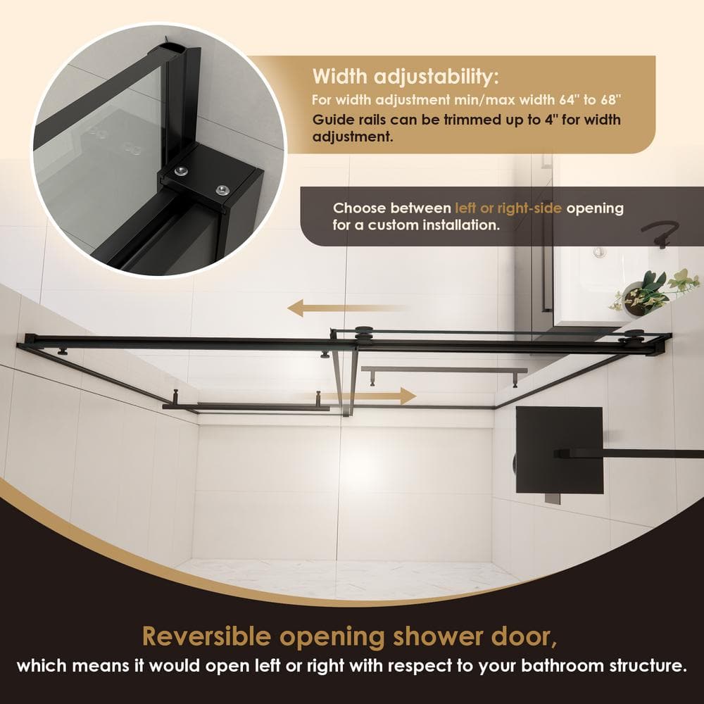 Belizzi 68" Matte Black Frameless Shower Door with Clear Glass