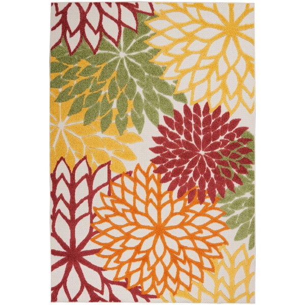 Nourison Aloha Red Multi Colored 4 ft. x 6 ft. Floral Contemporary Indoor/Outdoor Patio Area Rug