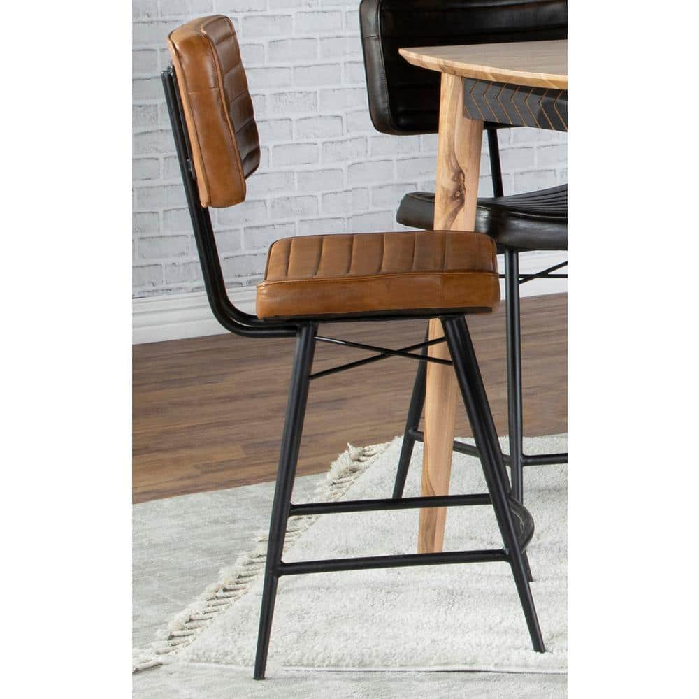 Camel Leather and Black Iron Adjustable Counter Stool