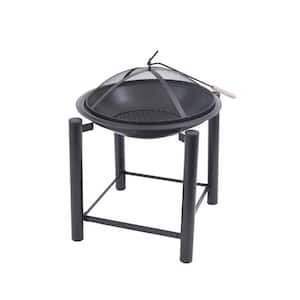 21.5 in. Round Steel Wood Fire Pit On Raised 4-Post Platform with Screen, Screen Lift, And Log Grate