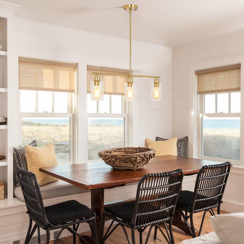 Gold Linear 3-Light Pendant with Clear Glass Shades