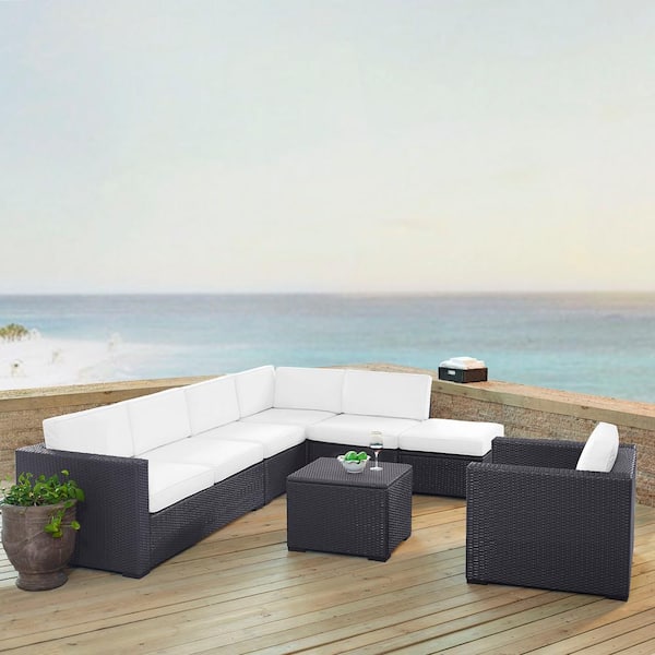 CROSLEY FURNITURE Biscayne 7-Person Wicker Outdoor Seating Set with White Cushions