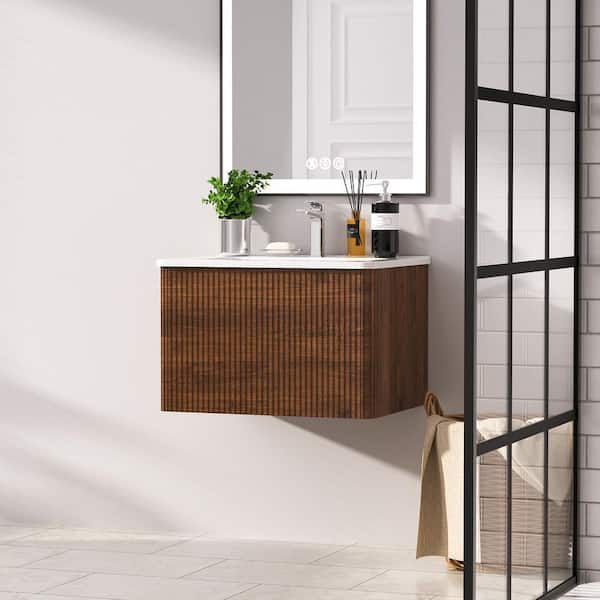 INSTER 24 in. Wall Mount Modern Single Sink Striped Walnut Bath Vanity with One-Piece White Ceramic Sink Top Sink Pre-assembled