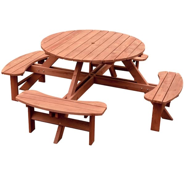 Wooden Brown Picnic Table, Round Wooden Garden Table B Q