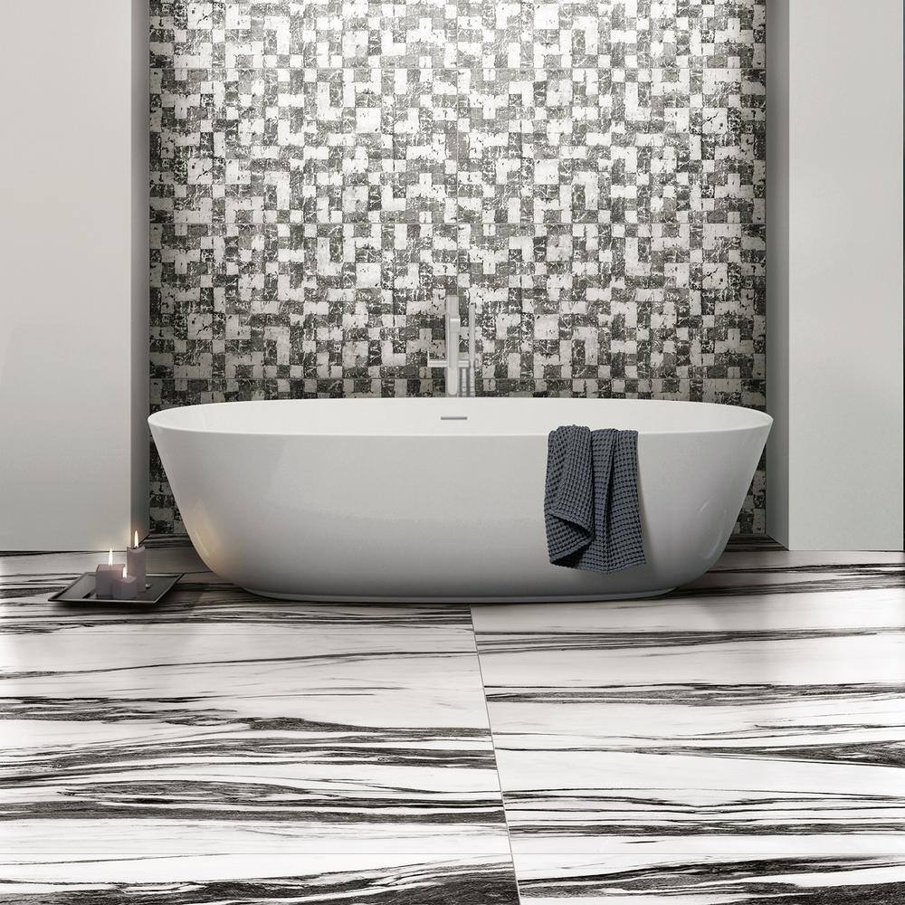 Ink Collection 24x48 Polished Black & White Marble Look Porcelain Tile