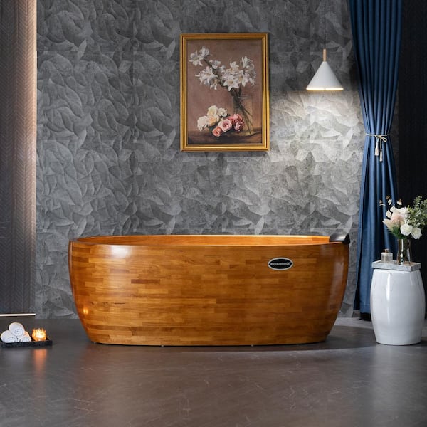 WOODBRIDGE Wudu 67 in. x 31.5 in. Flat Bottom Soaking Bathtub with Reversible Drain in Wood