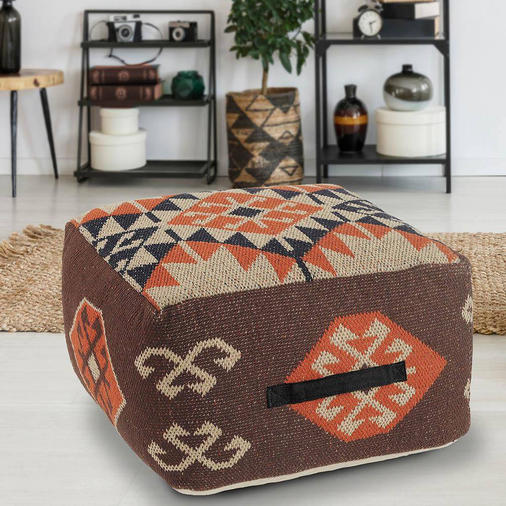 Southwestern Brown and Orange Cotton Square Pouf
