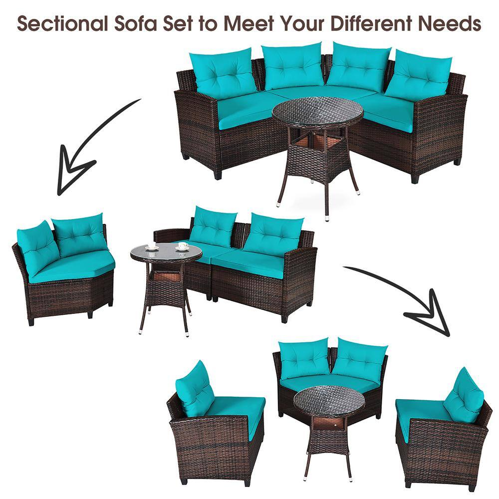 Turquoise Cushioned Rattan Outdoor Furniture Set with Glass Table