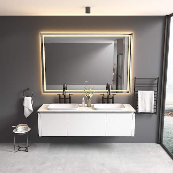 84 in. W x 48 in. H Rectangular Framed Anti-Fog Dimmable Front and Backlit LED Wall Bathroom Vanity Mirror in Gun Ash