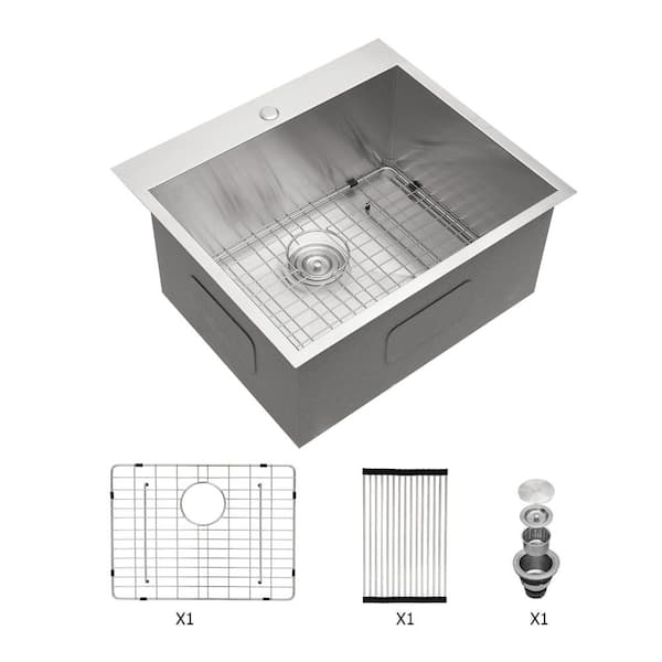25 in. Drop-In/Undermount Single Bowl 16-Gauge Brushed Nickel Stainless Steel Kitchen Sink with Grid and Drain