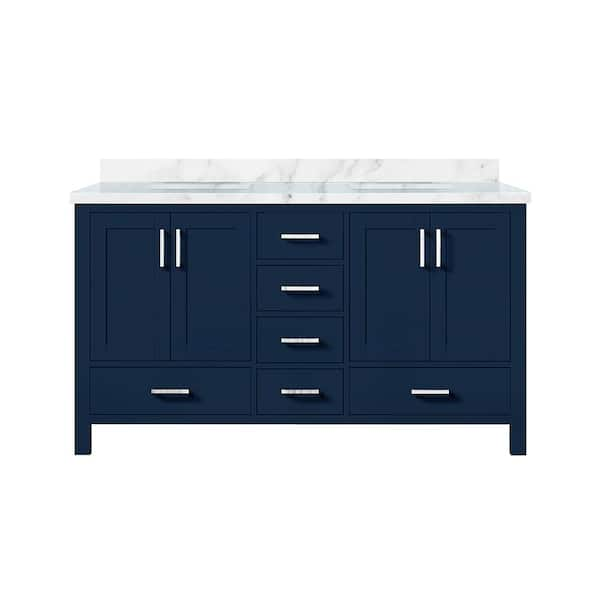 Jacques 60 in. W x 22 in. D Navy Blue Double Freestanding Bath Vanity with Carrara Marble Top