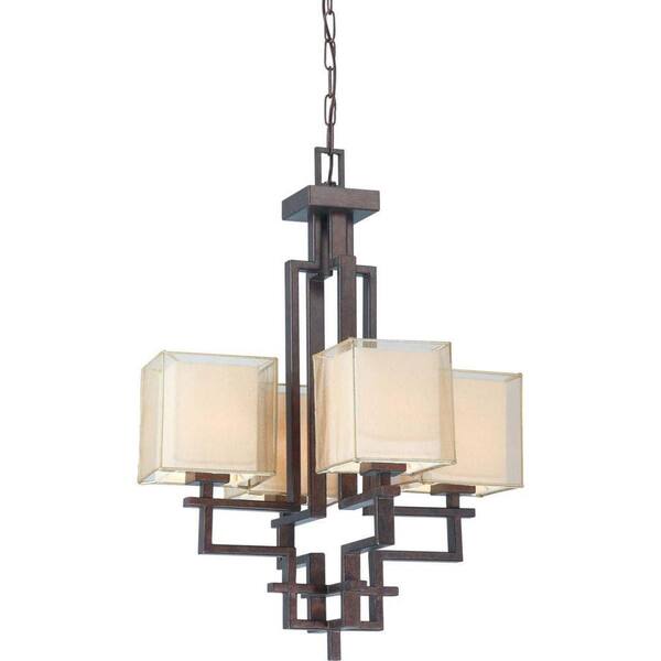 Glomar 4-Light Chandelier with Gold Sheer & Beige Linen Fabric Shade Finished in Corvo Bronze-DISCONTINUED