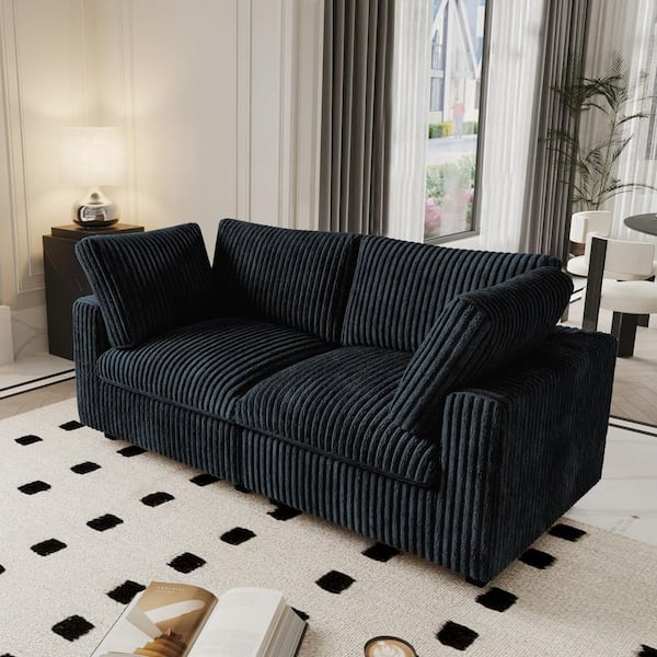 Lawson 79 in. Square Arm Faux Rabbit Fur Velvet Down Modular Sofa Loveseat Cloud Couch with Washable Covers in Black
