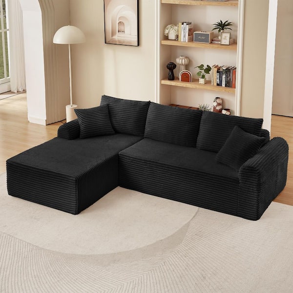103 in. Corduroy Full Compression Sectional Sofa in Black, No Assemble Required