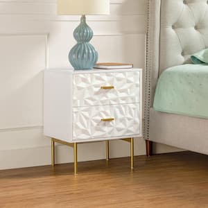 Vladimiro White Water ripple Pattern 2-Drawer High Gloss Nightstand Cabinet with Golden Stands