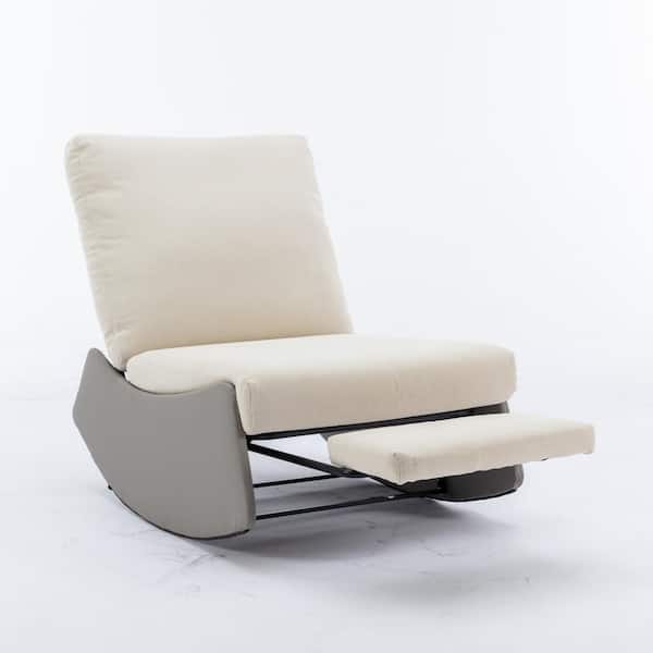 Tenleaf Metal Upholstered Rocking Outdoor Lounge Chair with Beige Cushion, Footrest