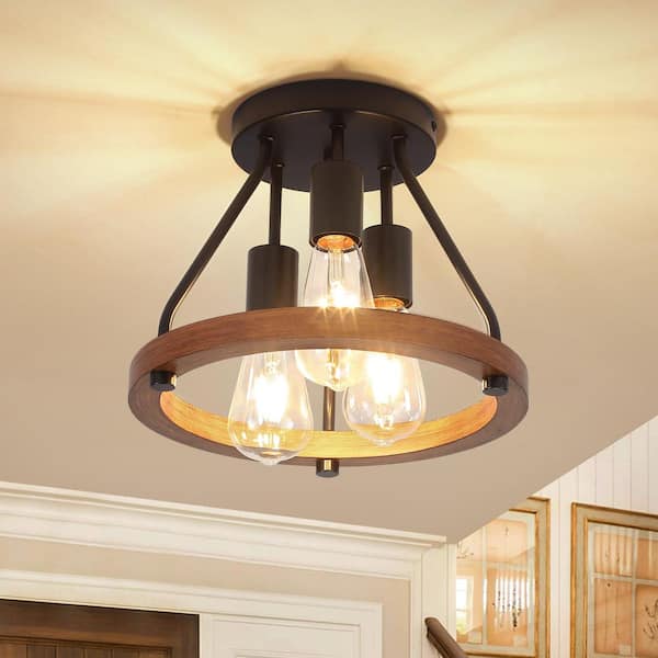 11.81 in. 3-Light Farmhouse Black Metal And Wood Flush Mount Ceiling Light Fixture
