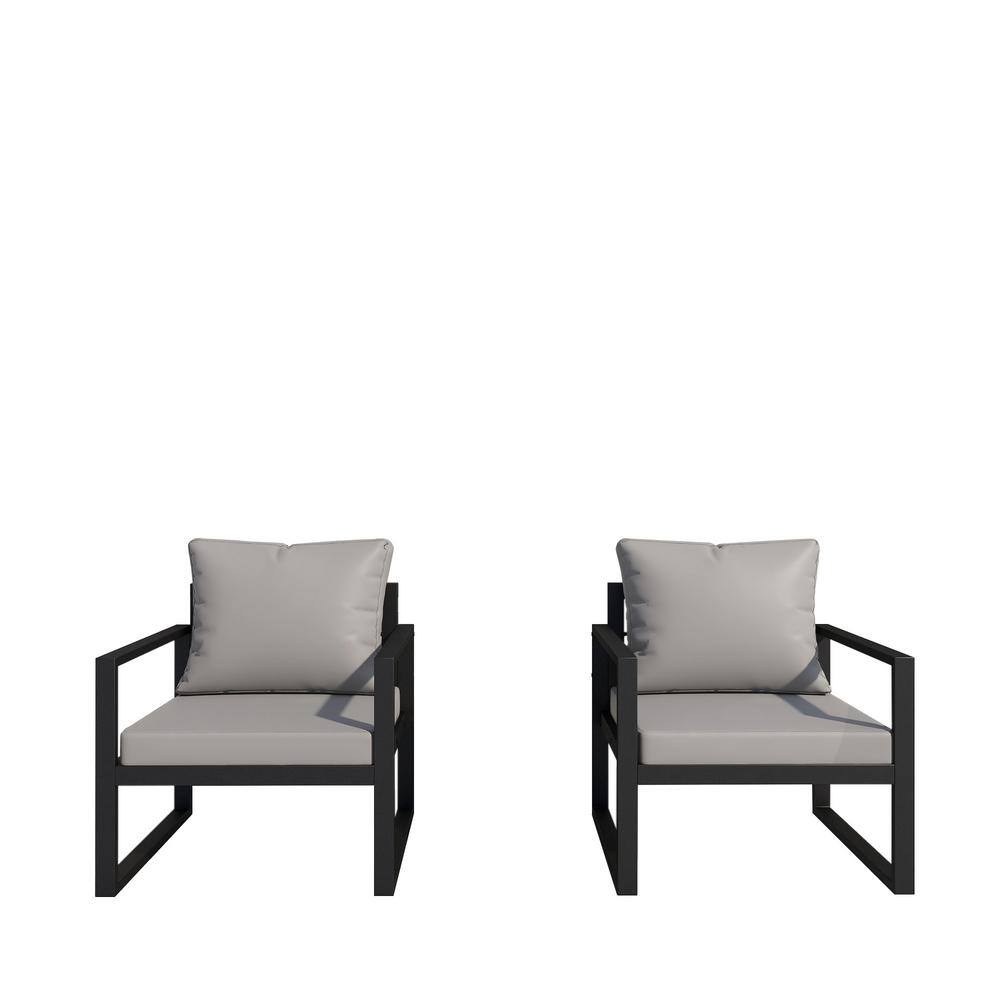 Black Steel Outdoor Double Lounge Chair Set with Grey Cushion (2-Pack)