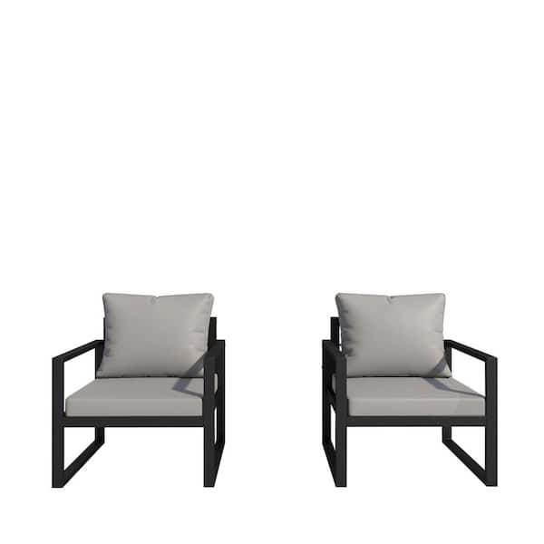 Unbranded Black Steel Outdoor Double Lounge Chair Set with Grey Cushion (2-Pack)