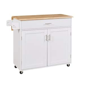 White Rubberwood Kitchen Cart with Drop Leaf, Internal Storage Rack, Towel Rack and Spacious Divided Drawer