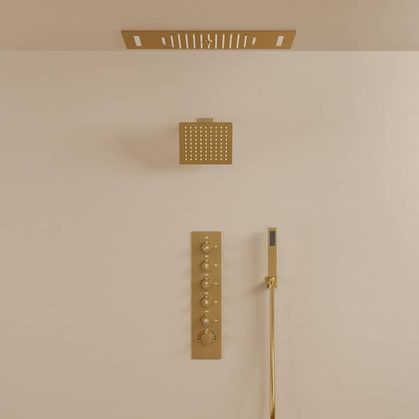 Aurora LED Bluetooth 5-Spray Ceiling Mount 23 in. and 15 in. Fixed Shower 10 in. Shower Handheld 2.5 GPM in Brushed Gold
