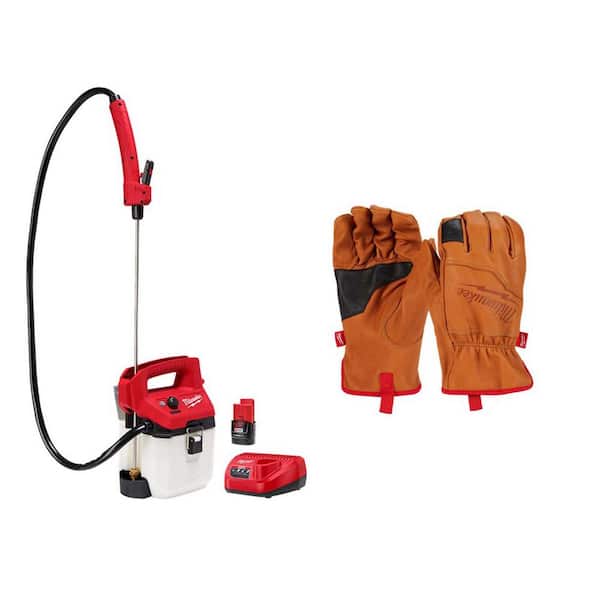 Milwaukee M12 12-Volt 1 Gal. Lithium-Ion Cordless Handheld Sprayer Kit with 2.0 Ah Battery, Charger, Medium Leather Gloves