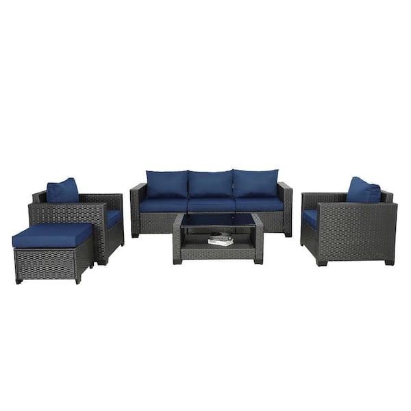 Zeus & Ruta Dark Coffee Wicker 7-Piece Outdoor Patio Sectional Sofa Conversation Set with Dark Blue Cushions and 1-Coffee Table