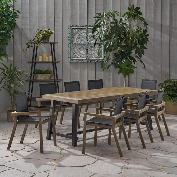 Noble House Beachview Grey 9-Piece Wood Rectangular Outdoor Patio Dining Set